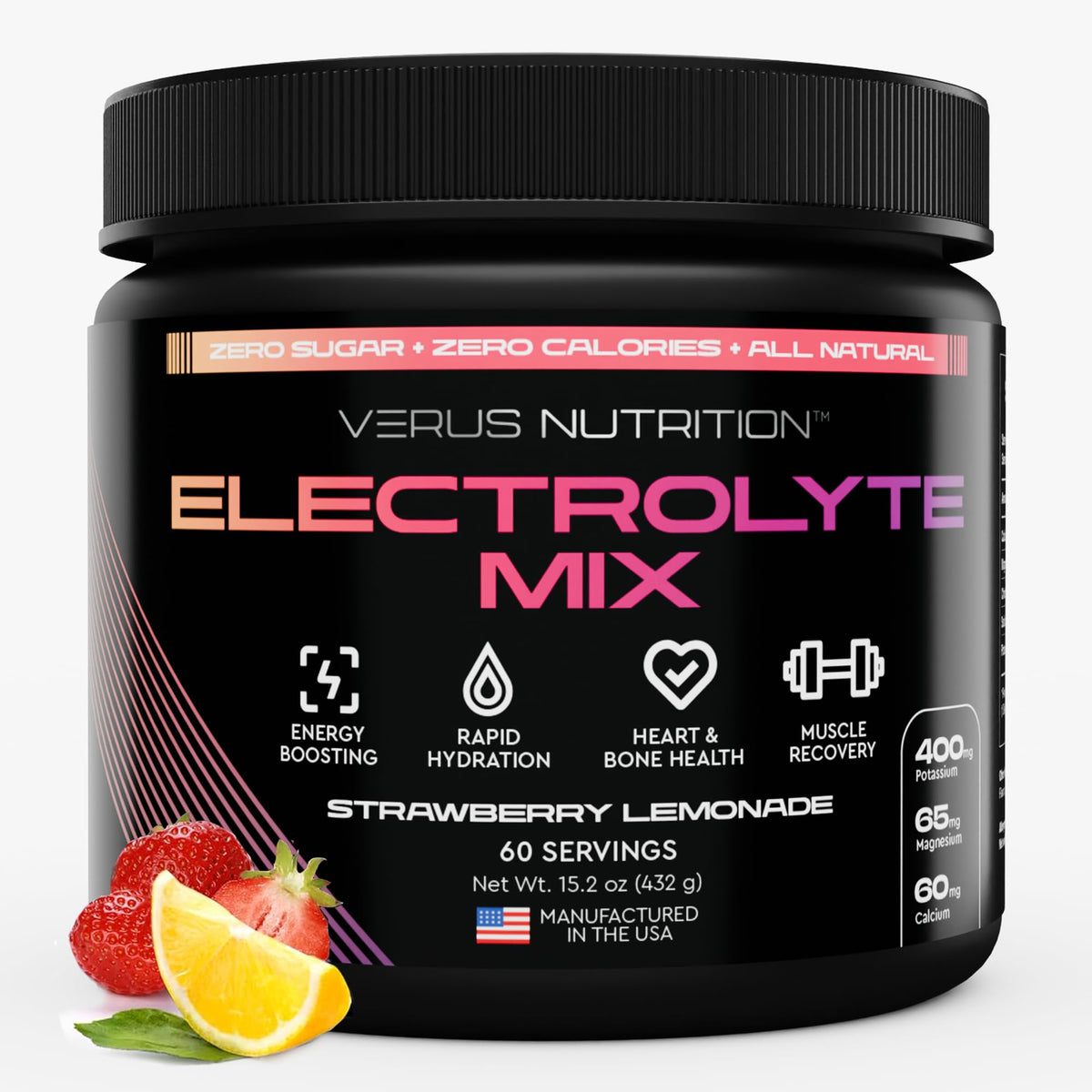 VERUS NUTRITION envase frontal mostrando 60 porciones y sabor