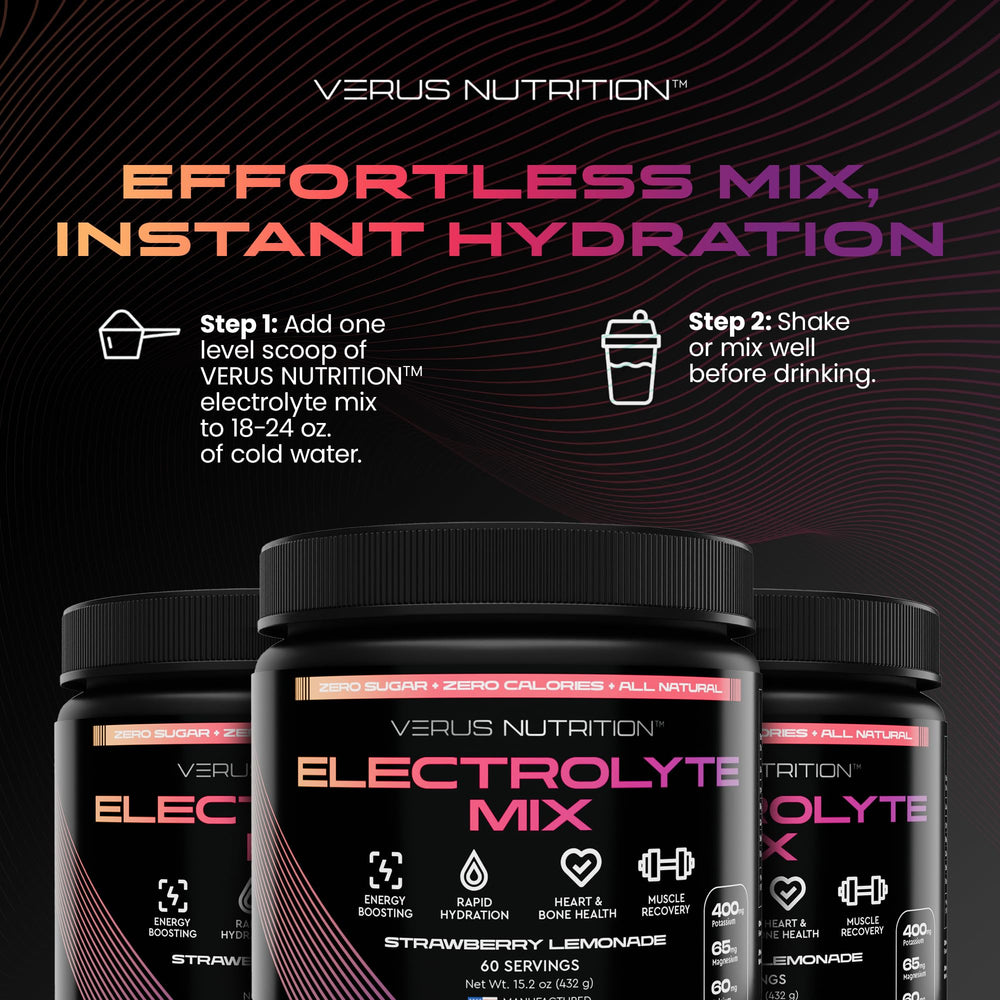 VERUS NUTRITION etiqueta nutricional visible con lista de electrolitos