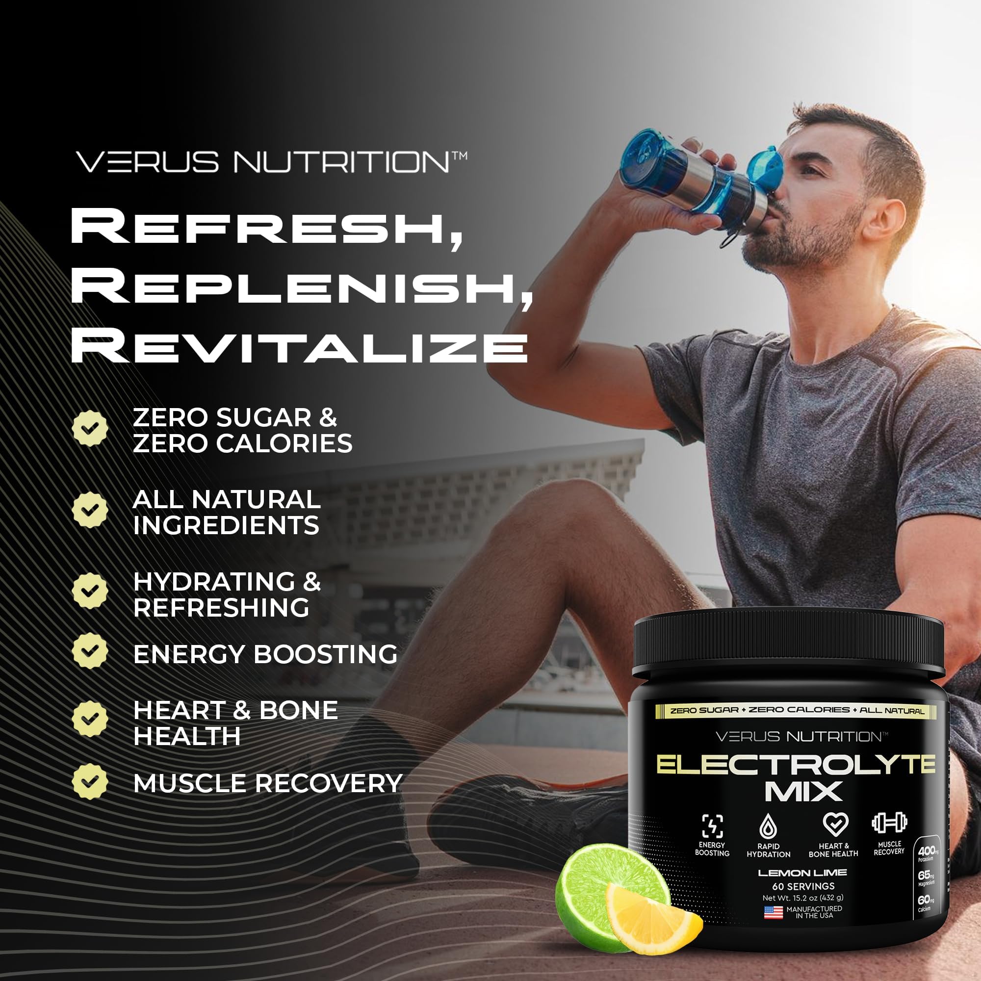 VERUS NUTRITION envase junto a una mano para comparar tamaño y capacidad práctica