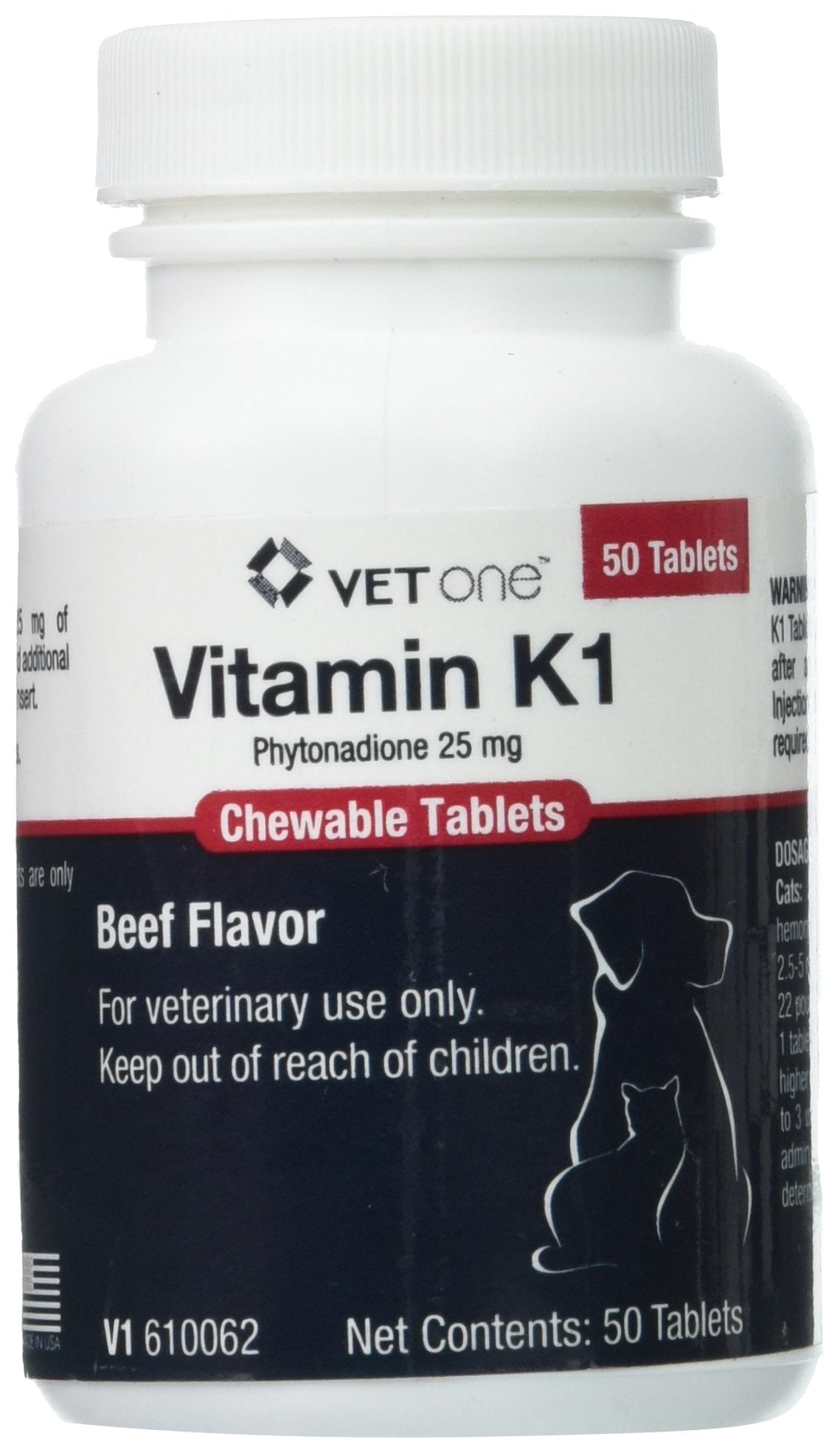 Vet One frasco delantero con tabletas masticables sabor res, facilita la administración