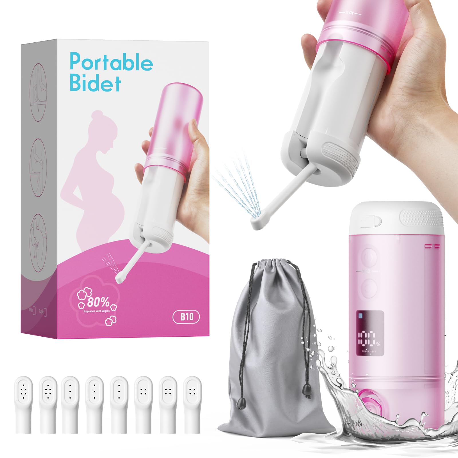 Vetance bidé portátil frontal mostrando diseño morado y control fácil