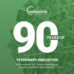Vetoquinol etiqueta con información nutricional y recomendaciones de dosificación claras