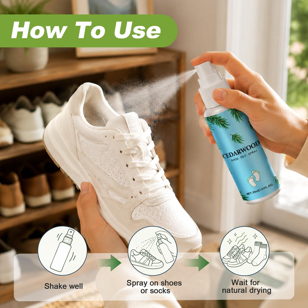 Vetuslumen spray aplicado dentro de una zapatilla deportiva, neutraliza olores persistentes