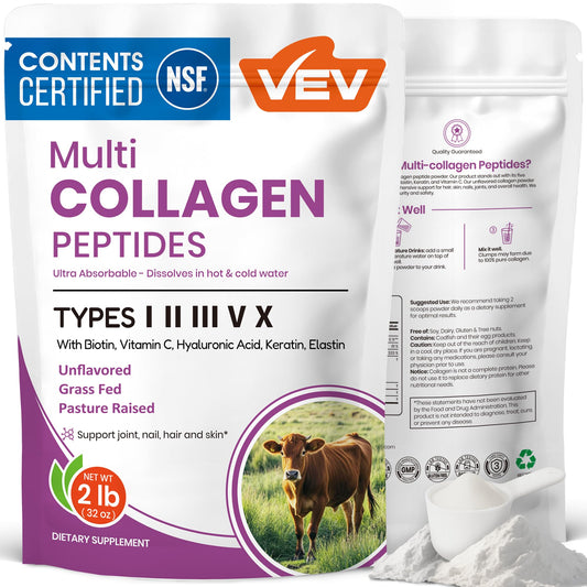 VEV envase frontal del polvo de colágeno mostrando marca y beneficio estético