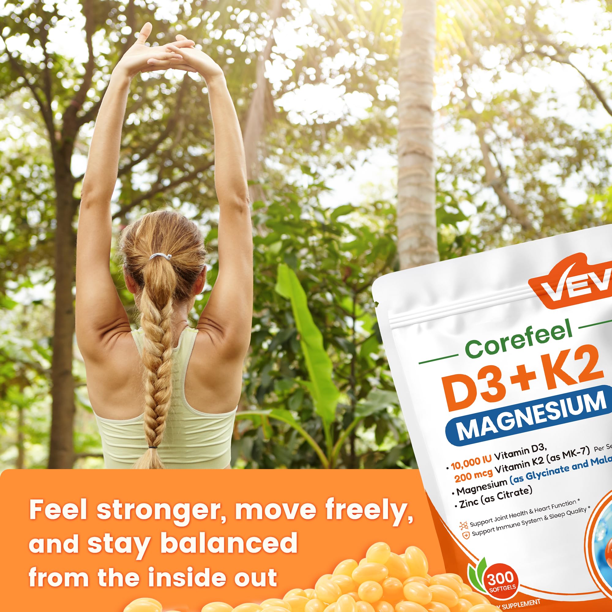 VEV Corefeel frasco en mesa con comida para uso diario