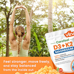 VEV Corefeel frasco en mesa con comida para uso diario
