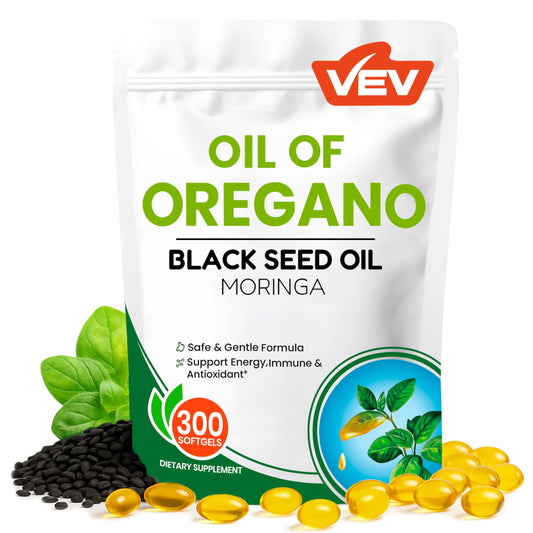 VEV vista frontal del envase que muestra 300 softgels y beneficios claros