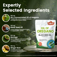 VEV orégano, nigella y moringa juntos ilustrando ingredientes orgánicos