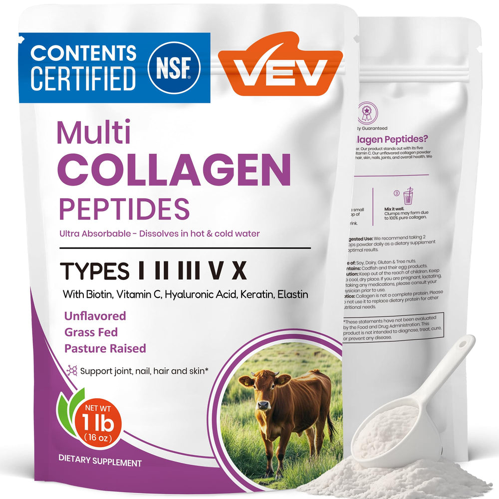 Envase VEV Multi Collagen Peptides frente mostrando diseño y beneficio nutricional