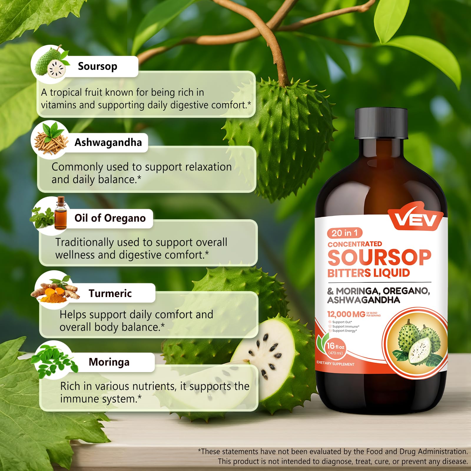 VEV soursop cucharada del líquido lista para tomar tras comida