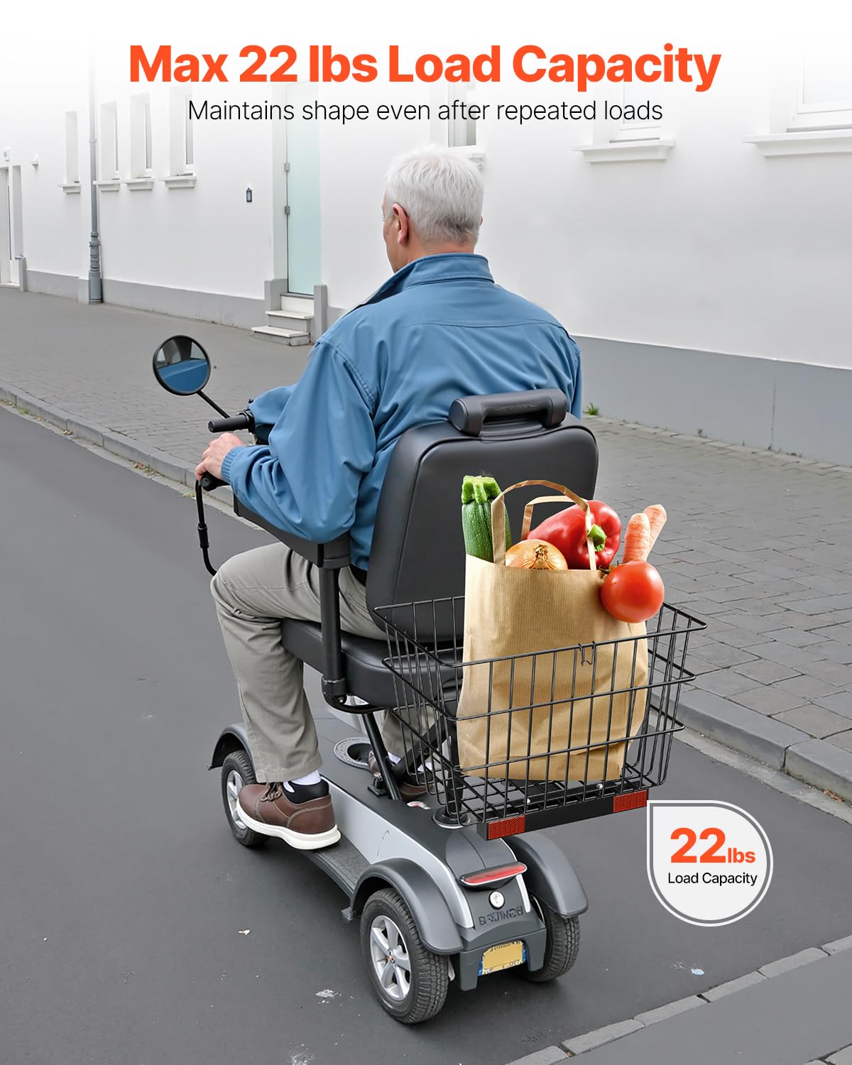 VEVOR cesta montada en scooter demostrando instalación segura