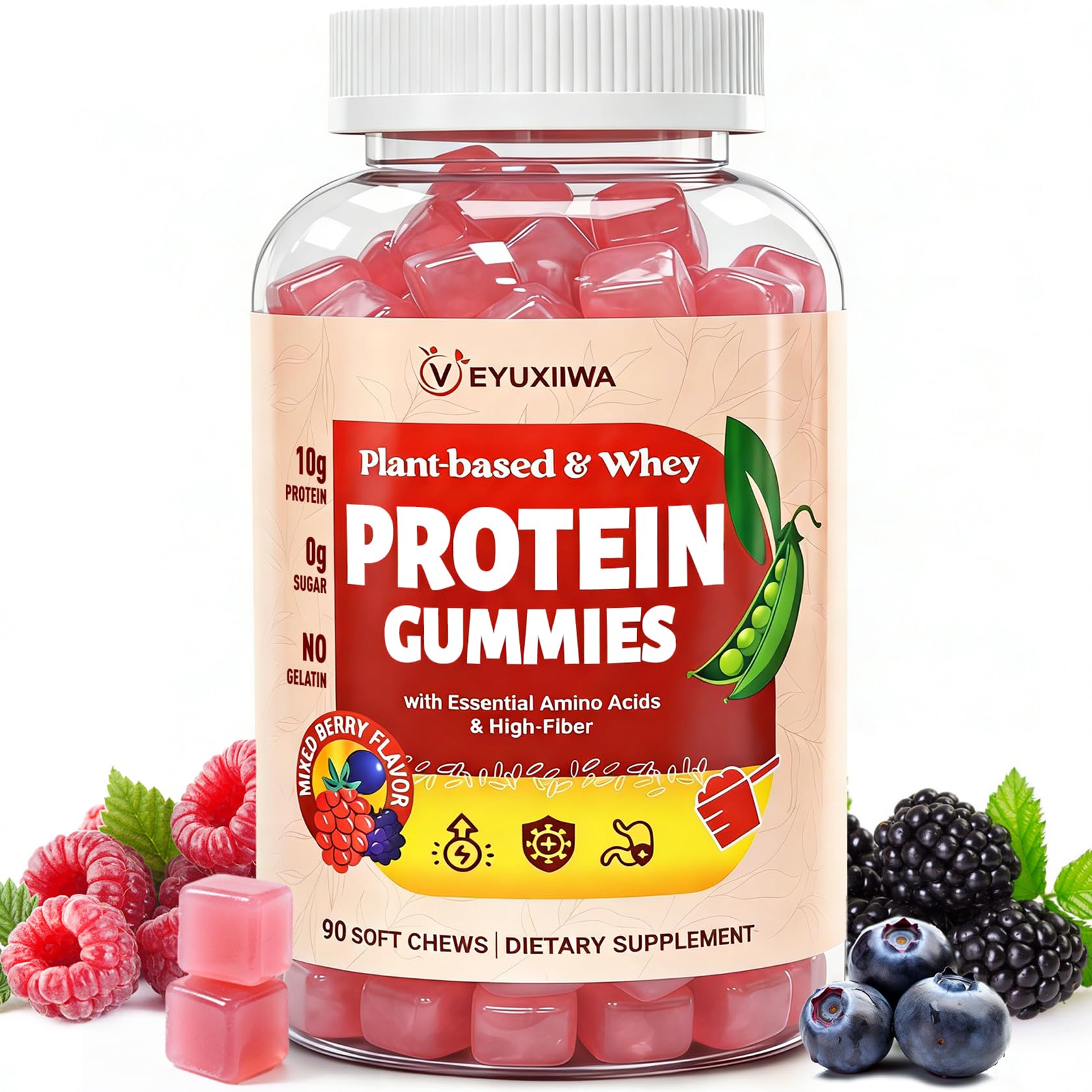 Veyuxiiwa frasco delantero de Protein Gummies mostrando envase y beneficio práctico