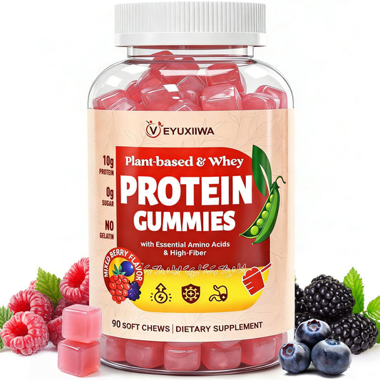 Veyuxiiwa frasco delantero de Protein Gummies mostrando envase y beneficio práctico
