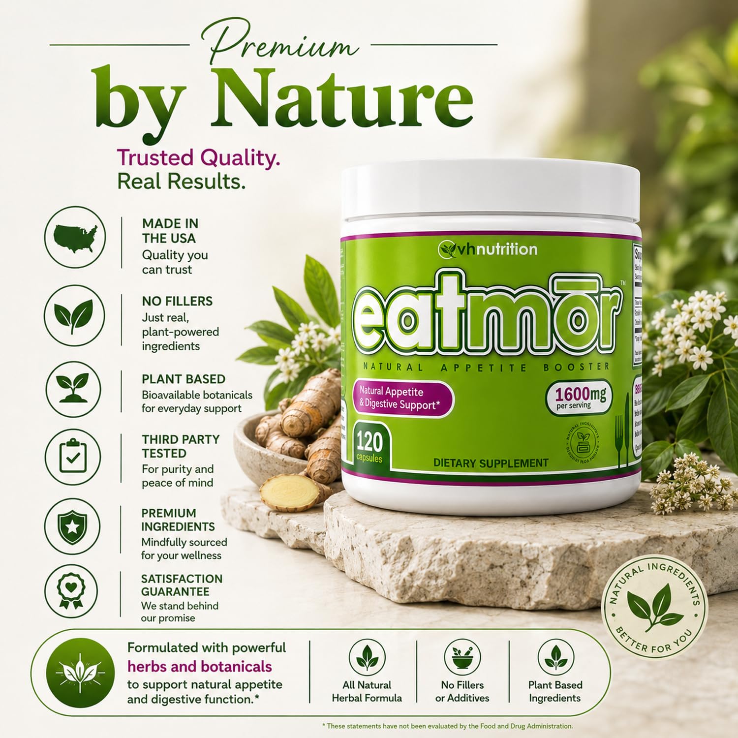VH Nutrition Eatmor etiqueta con información y beneficios para control de dosis