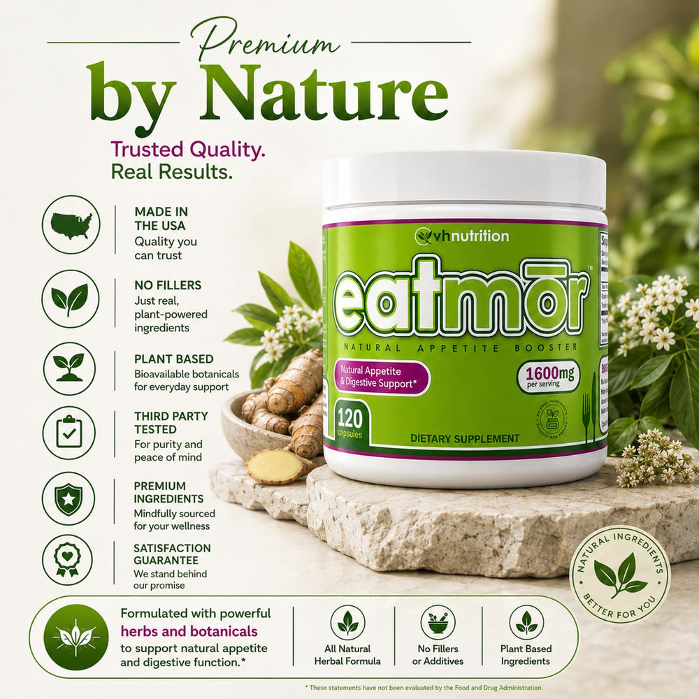 VH Nutrition Eatmor etiqueta con información y beneficios para control de dosis
