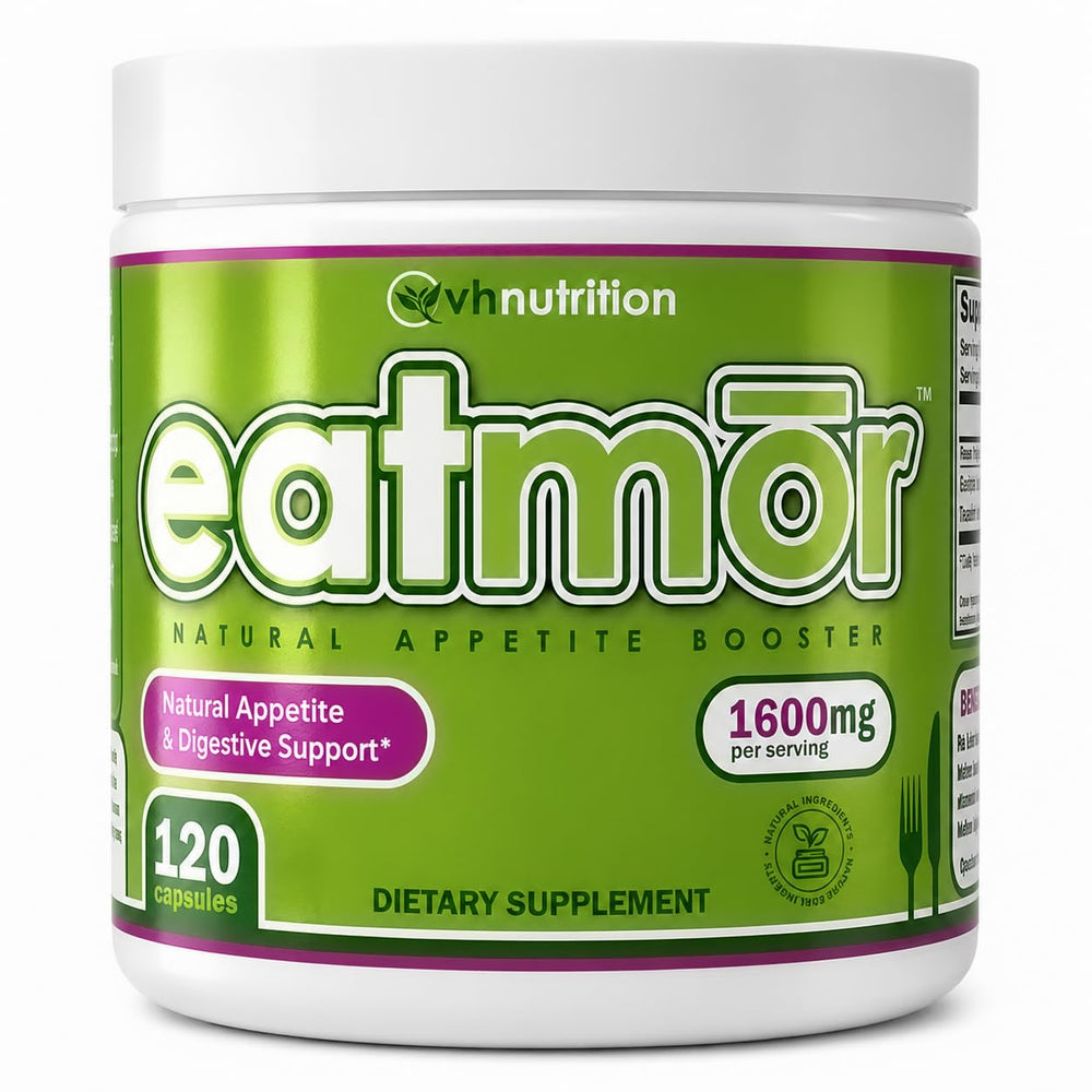 VH Nutrition Eatmor botella frontal mostrando el envase y beneficio de aumento del apetito