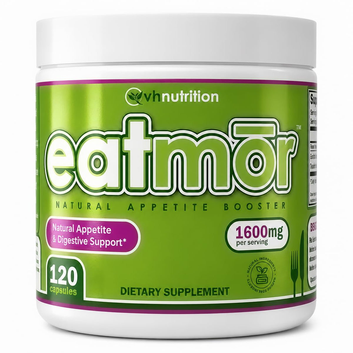 VH Nutrition Eatmor botella frontal mostrando el envase y beneficio de aumento del apetito
