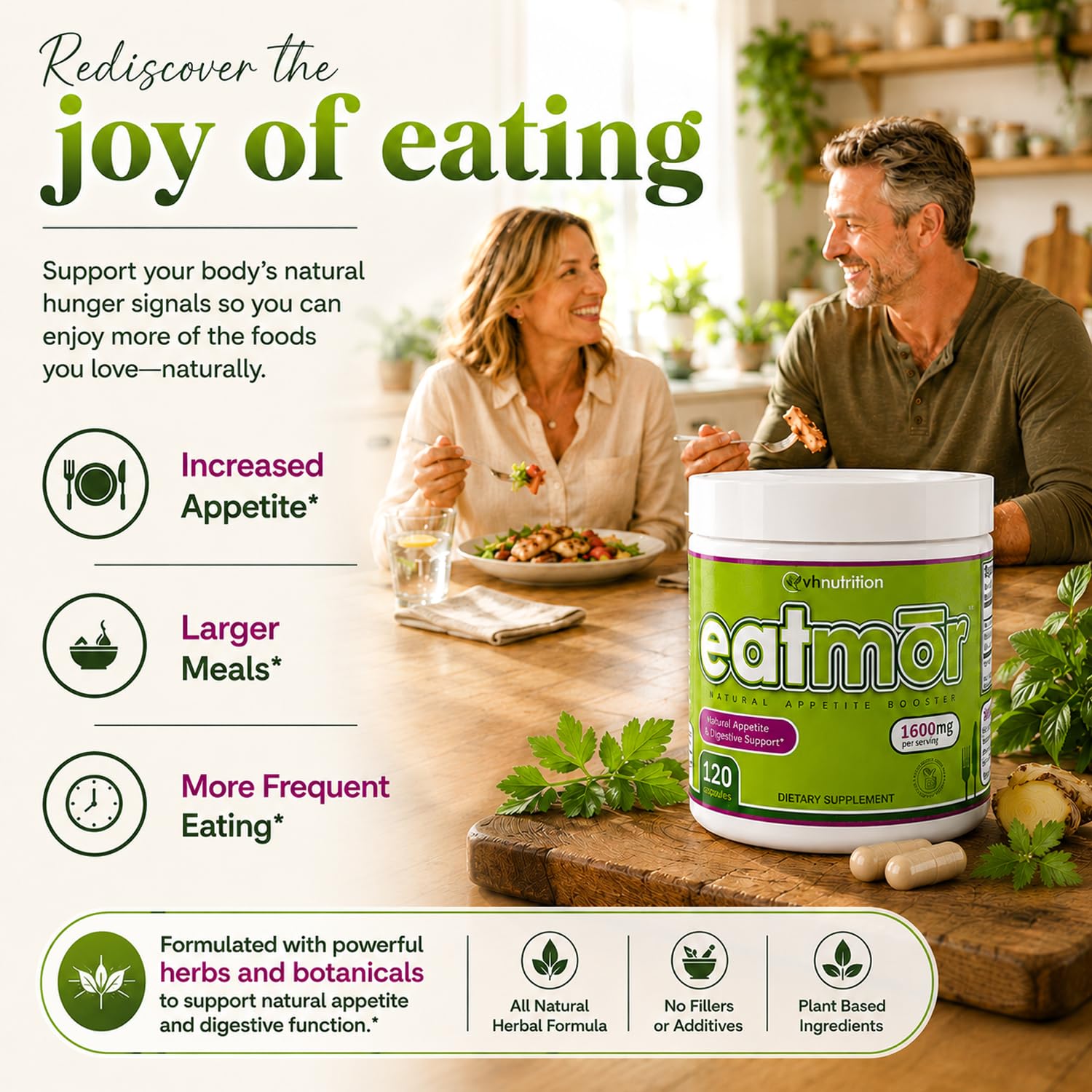 VH Nutrition Eatmor ingredientes genciana jengibre alfalfa y cúrcuma para digestión
