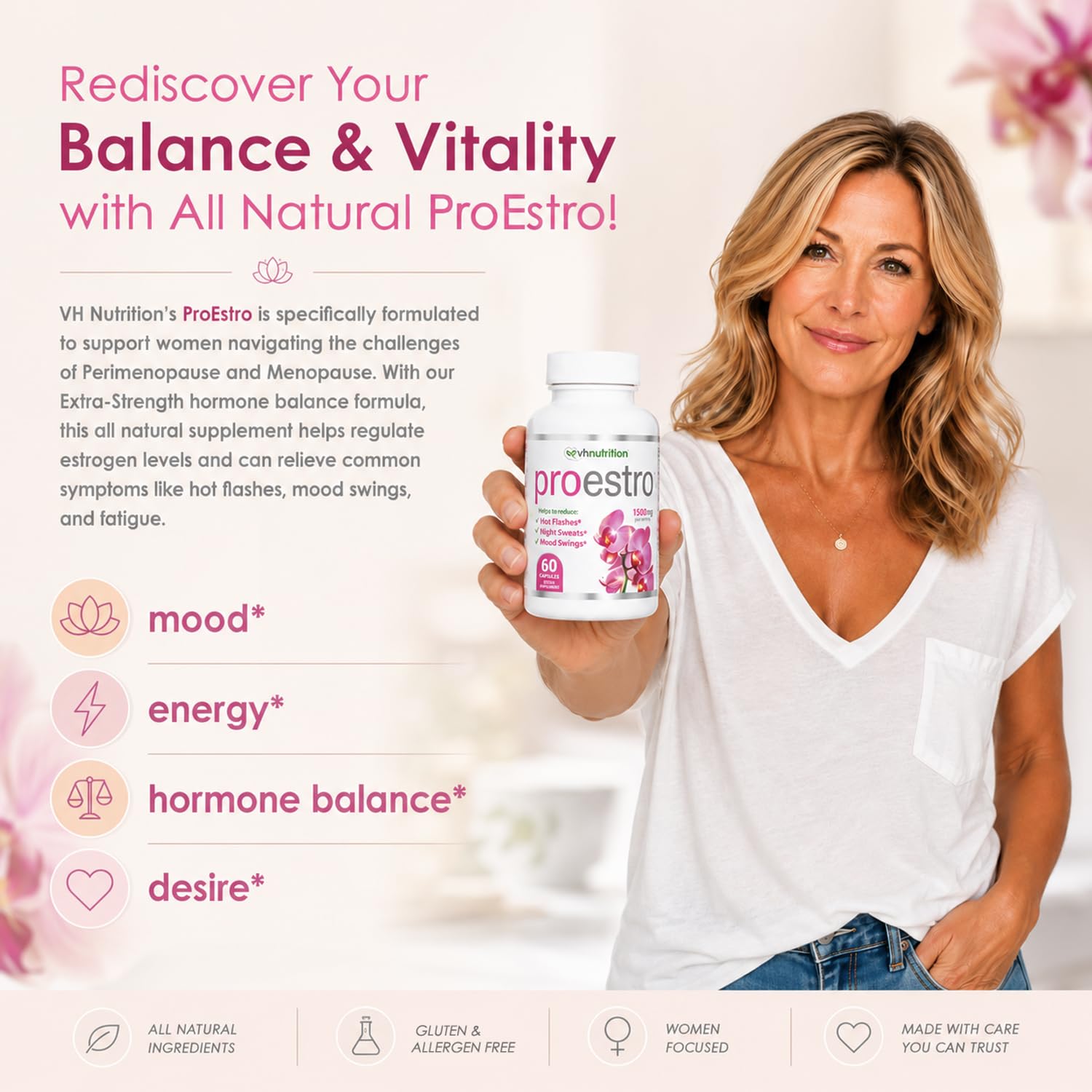 VH Nutrition PROESTRO close-up de cápsulas para fácil deglución y comodidad