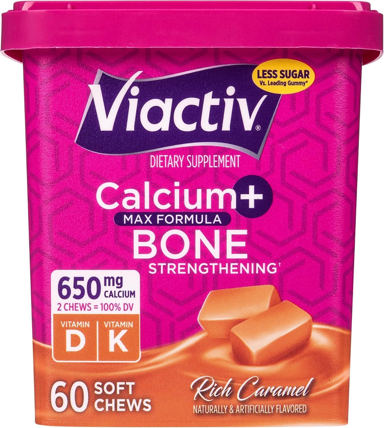Viactiv frente del empaque mostrando 60 masticables y beneficios visibles