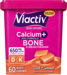 Viactiv frente del empaque mostrando 60 masticables y beneficios visibles