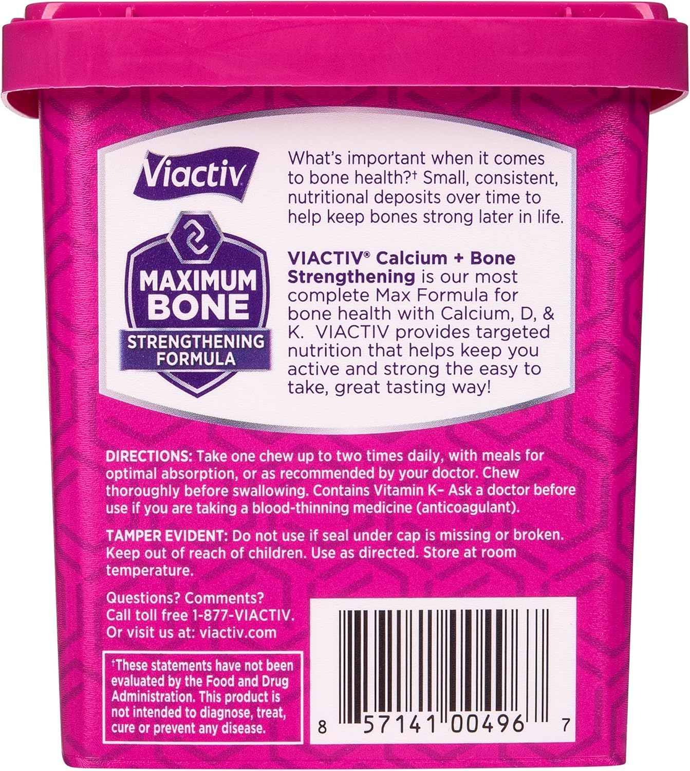 Viactiv etiqueta nutricional legible con dosis de calcio y vitaminas destacadas