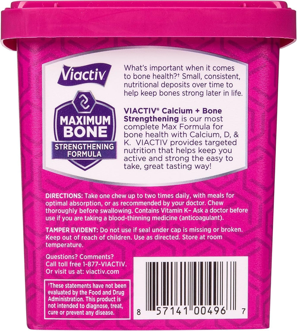 Viactiv etiqueta nutricional legible con dosis de calcio y vitaminas destacadas