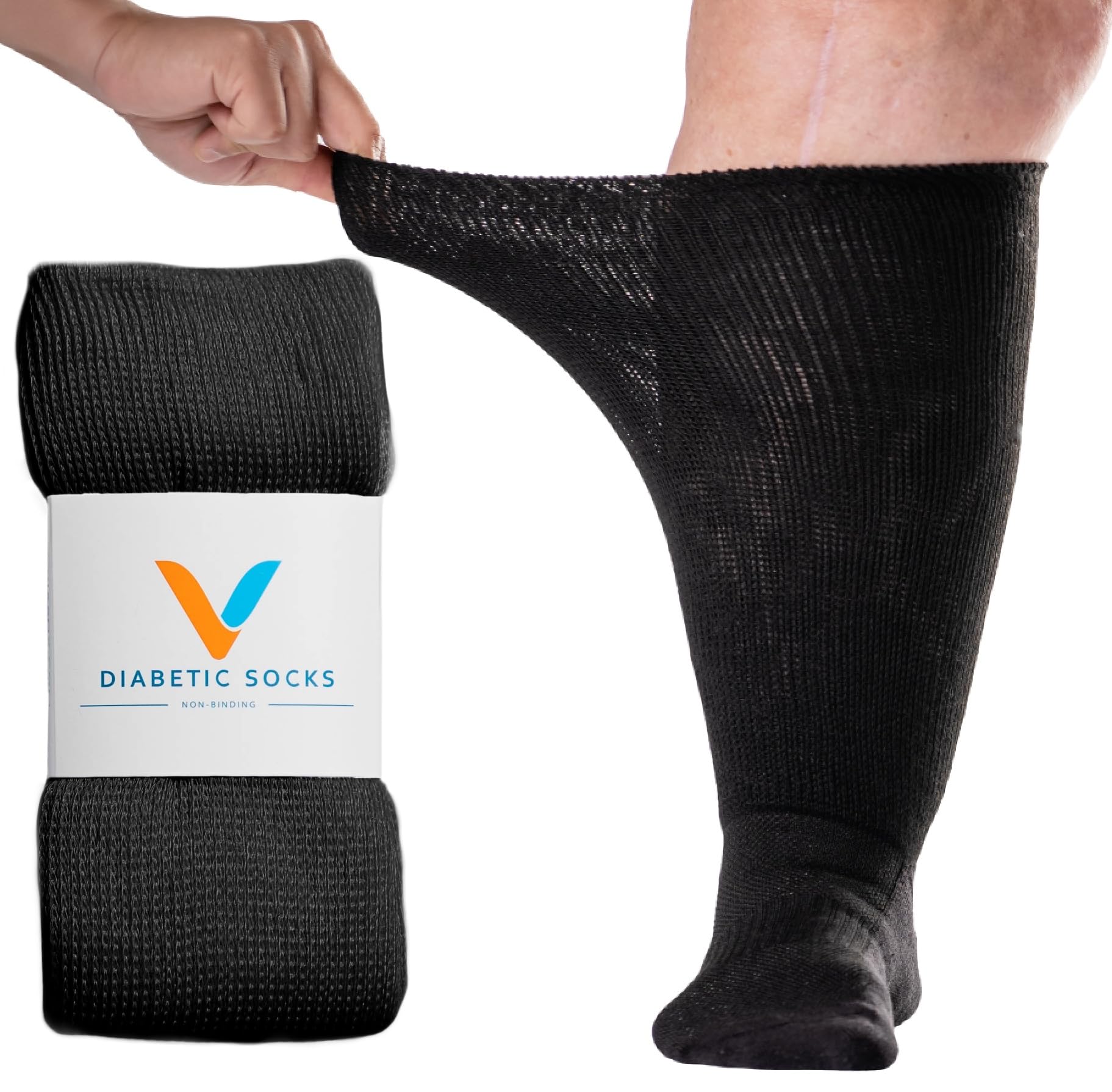 Viasox empaque frontal mostrando calcetines negros y beneficio de ajuste suelto