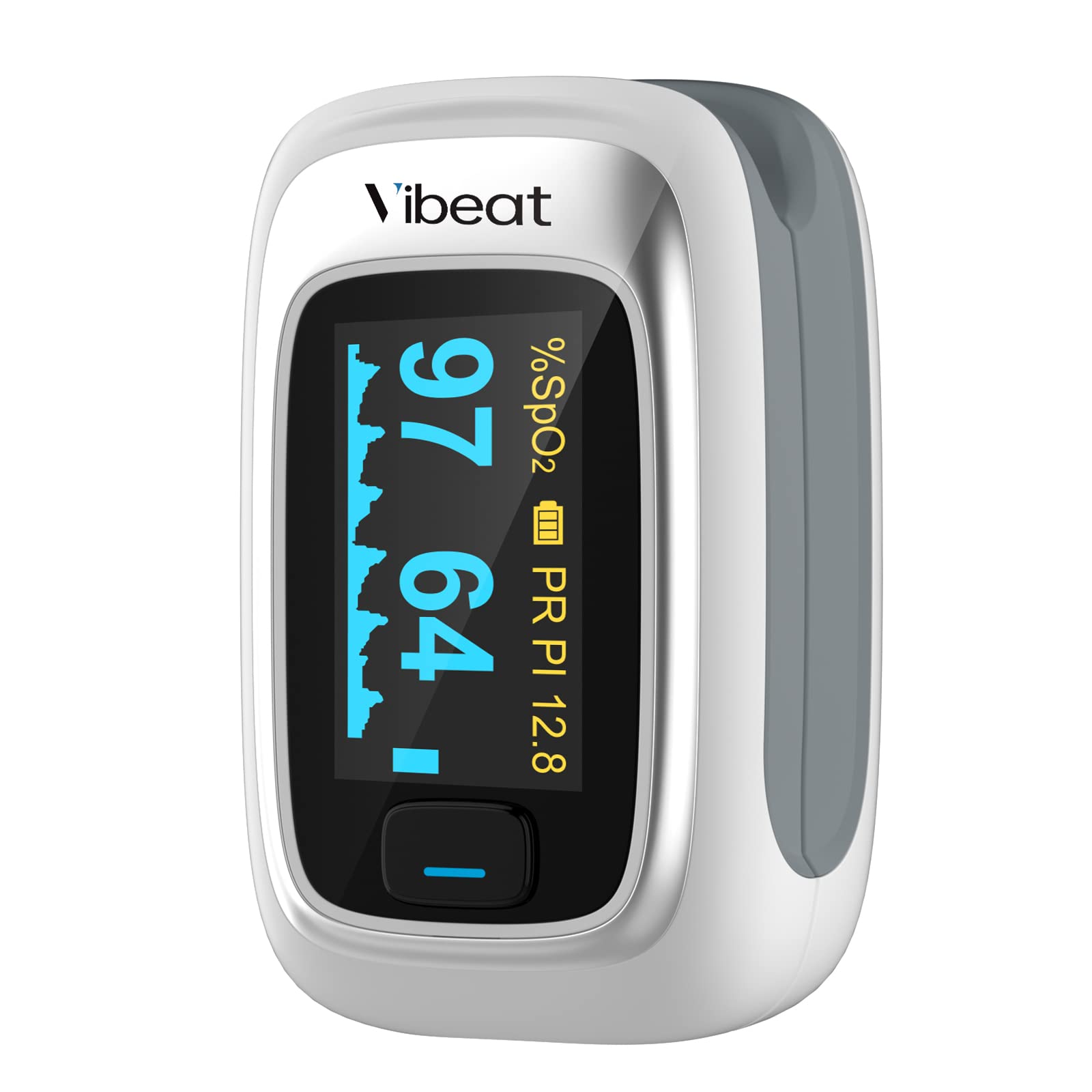 Vibeat vista frontal del pulsioxímetro mostrando su diseño portátil y fácil agarre