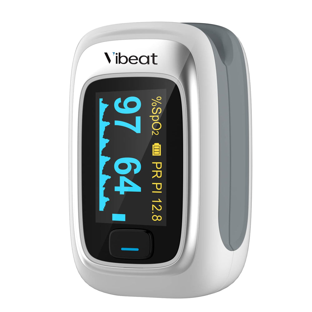 Vibeat vista frontal del pulsioxímetro mostrando su diseño portátil y fácil agarre