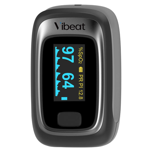 Vibeat vista frontal del oxímetro mostrando diseño compacto y portabilidad