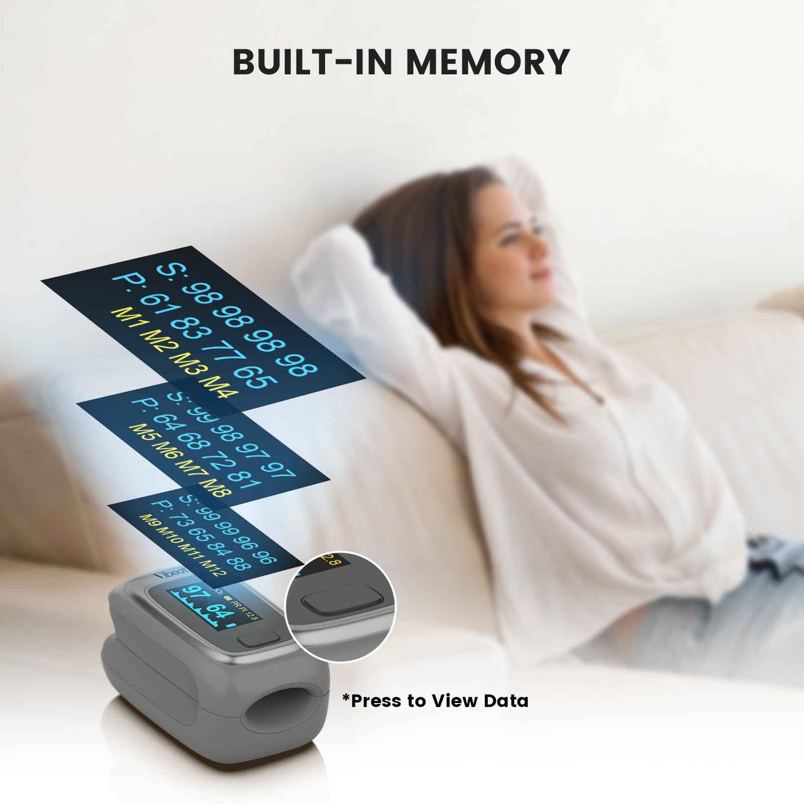 Vibeat oxímetro en mano mostrando tamaño y transporte fácil
