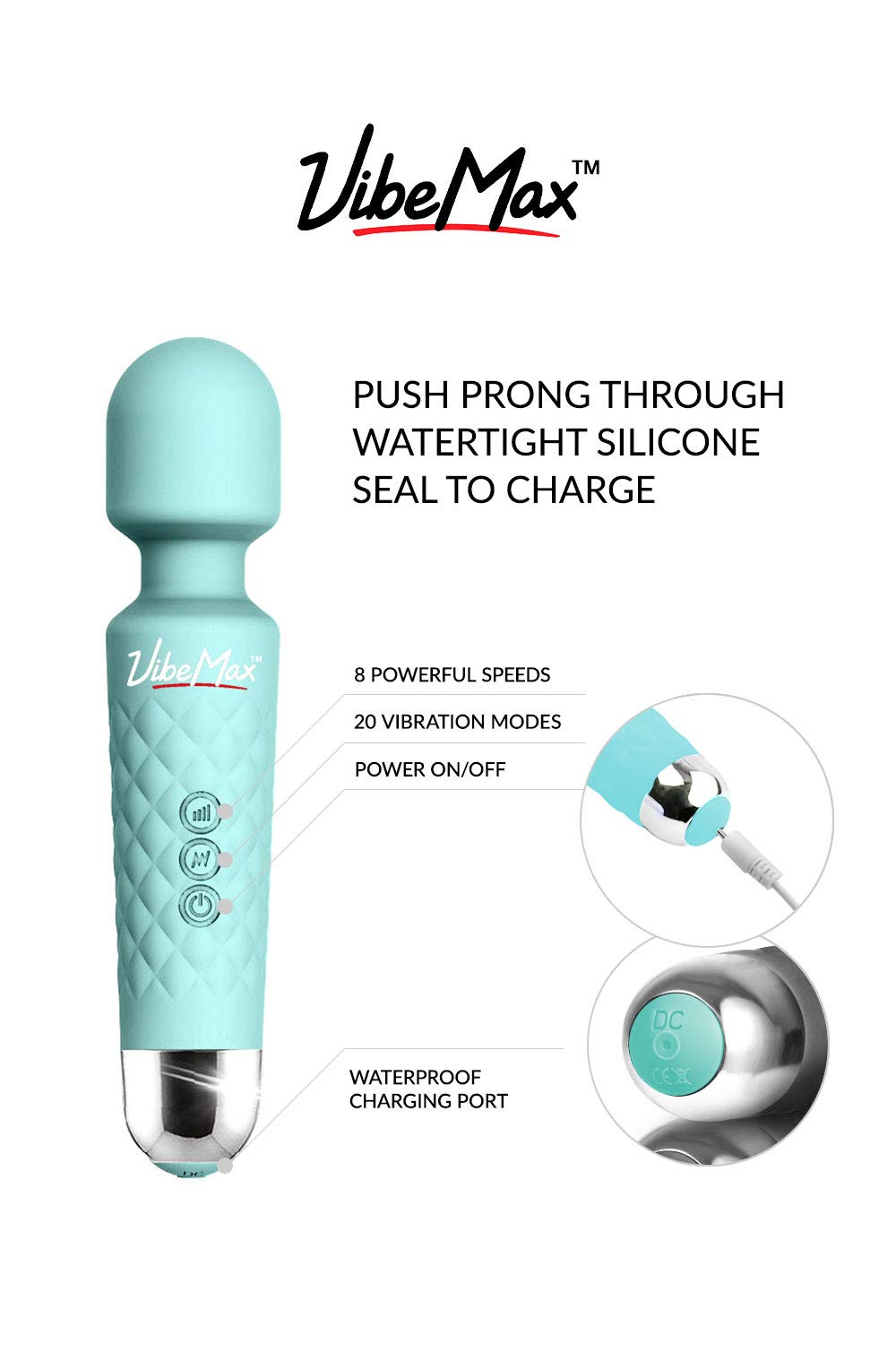 VibeMax accesorios incluidos cable USB y funda para carga y transporte