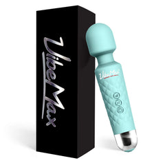 VibeMax vista frontal del masajeador turquesa con diseño compacto y potencia