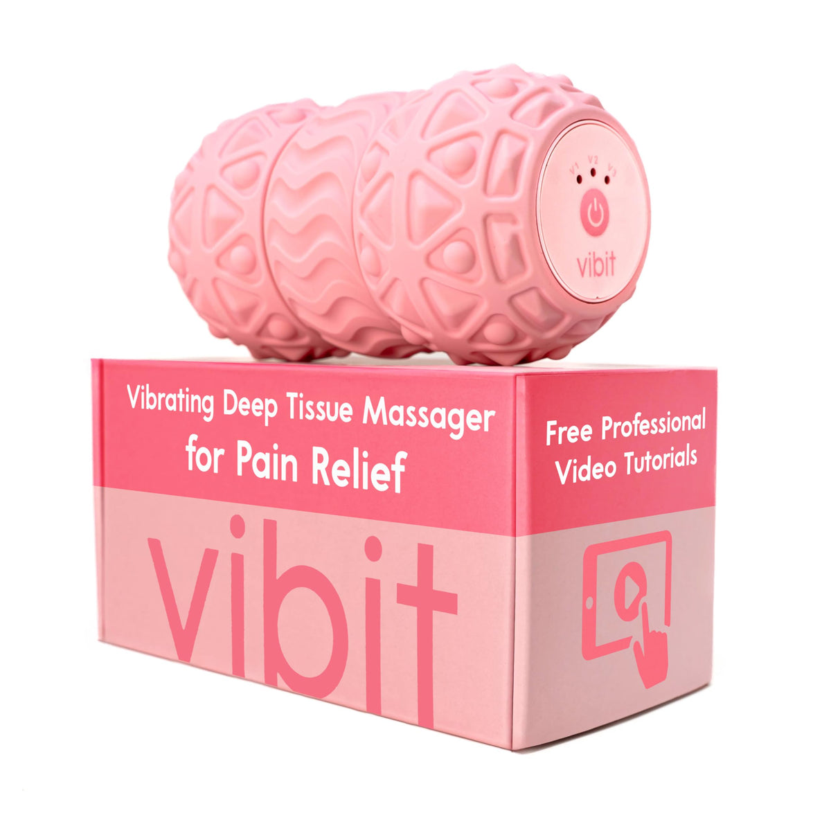 Vibit vista frontal del masajeador mostrando diseño portátil y beneficio de alivio
