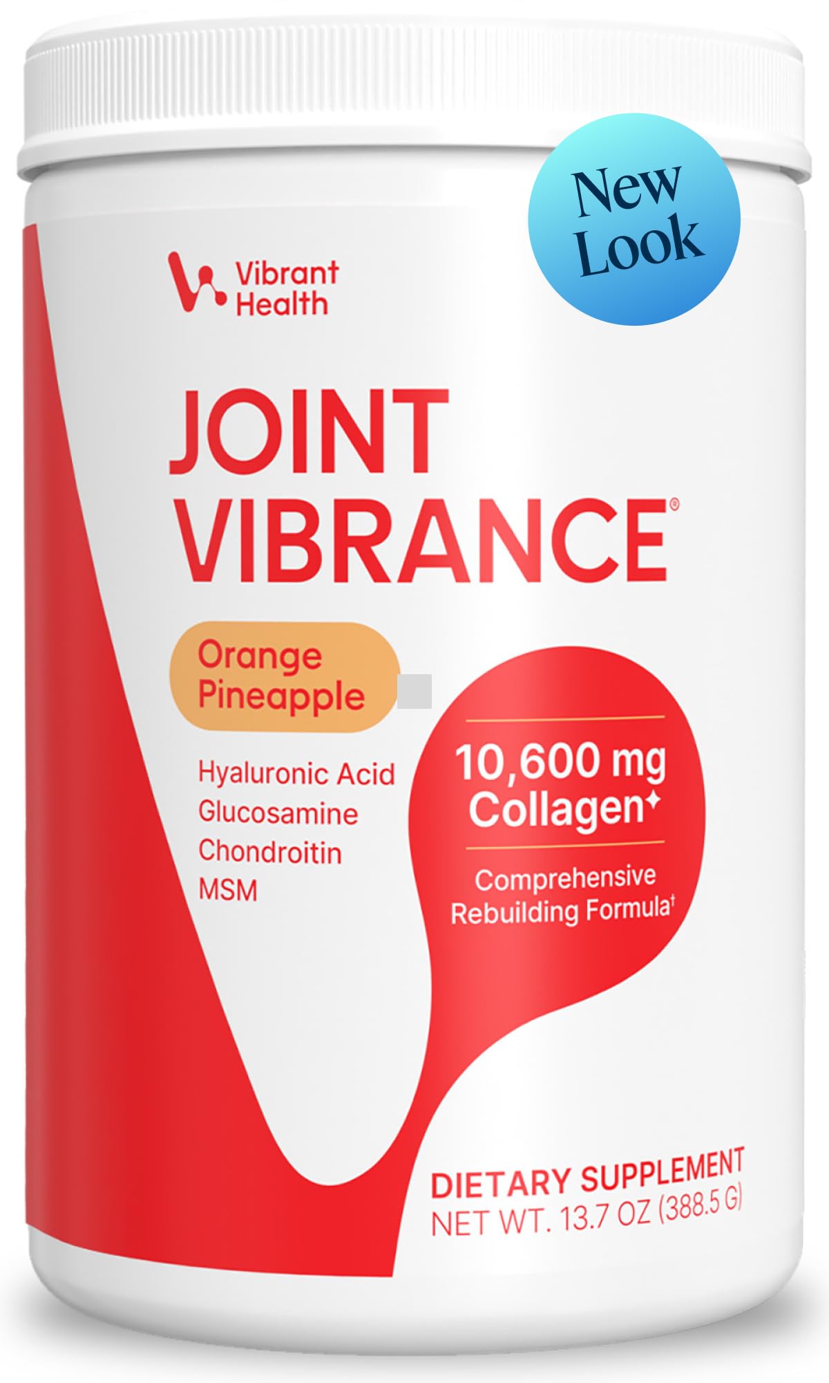 Vibrant Health envase frontal mostrando la fórmula y sabor naranja piña beneficios visuales