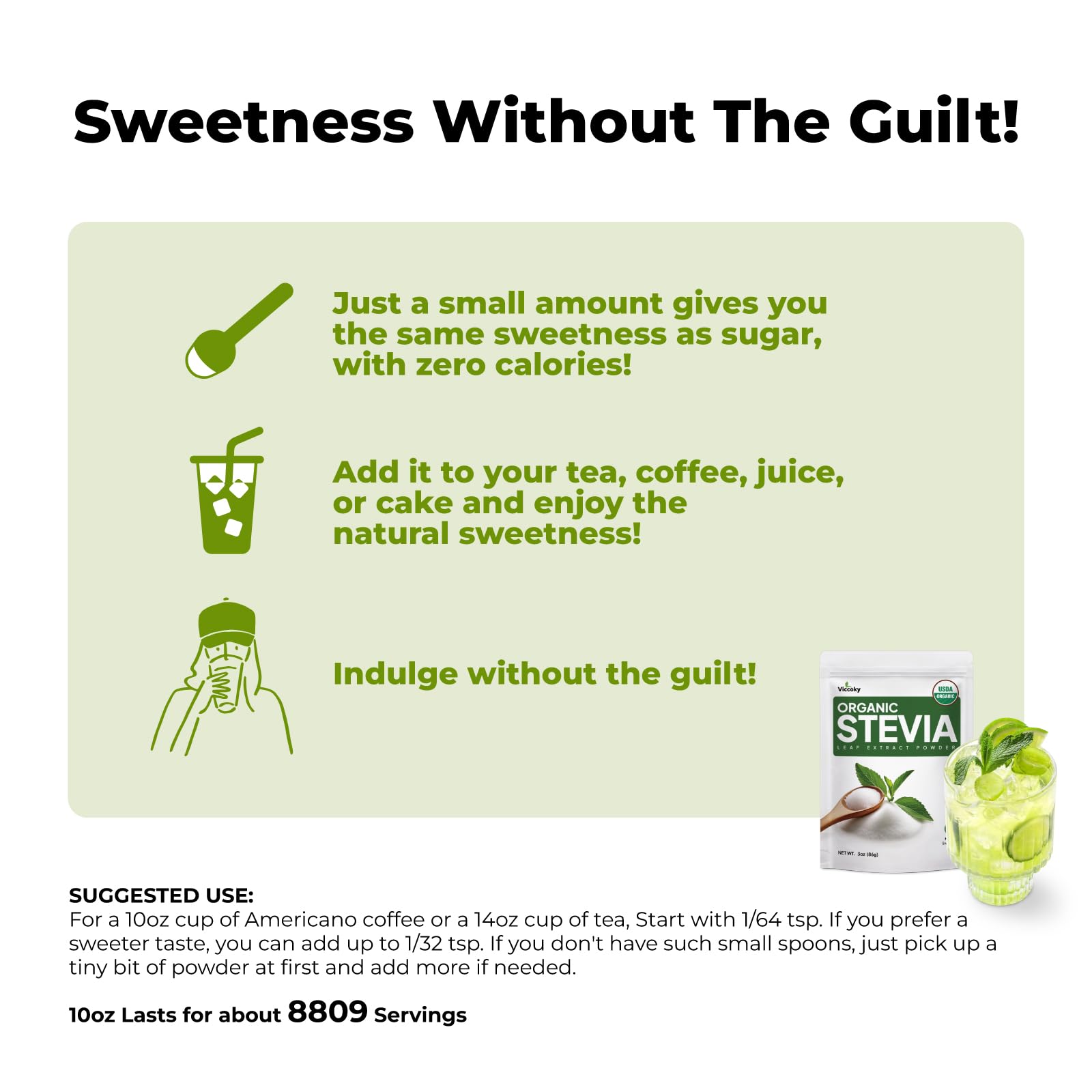 Viccoky Stevia en polvo, cuchara de medición para endulzar sin calorías.