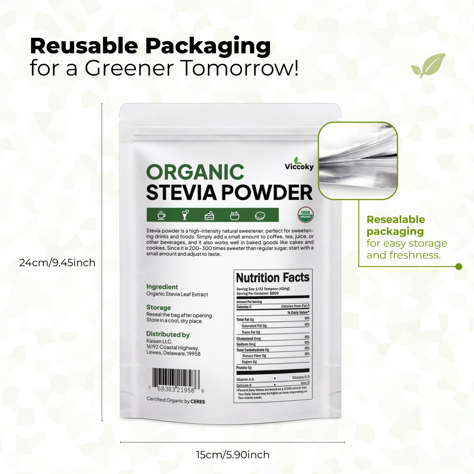 Viccoky Stevia orgánica, hojas de origen natural para endulzar sin azúcar.