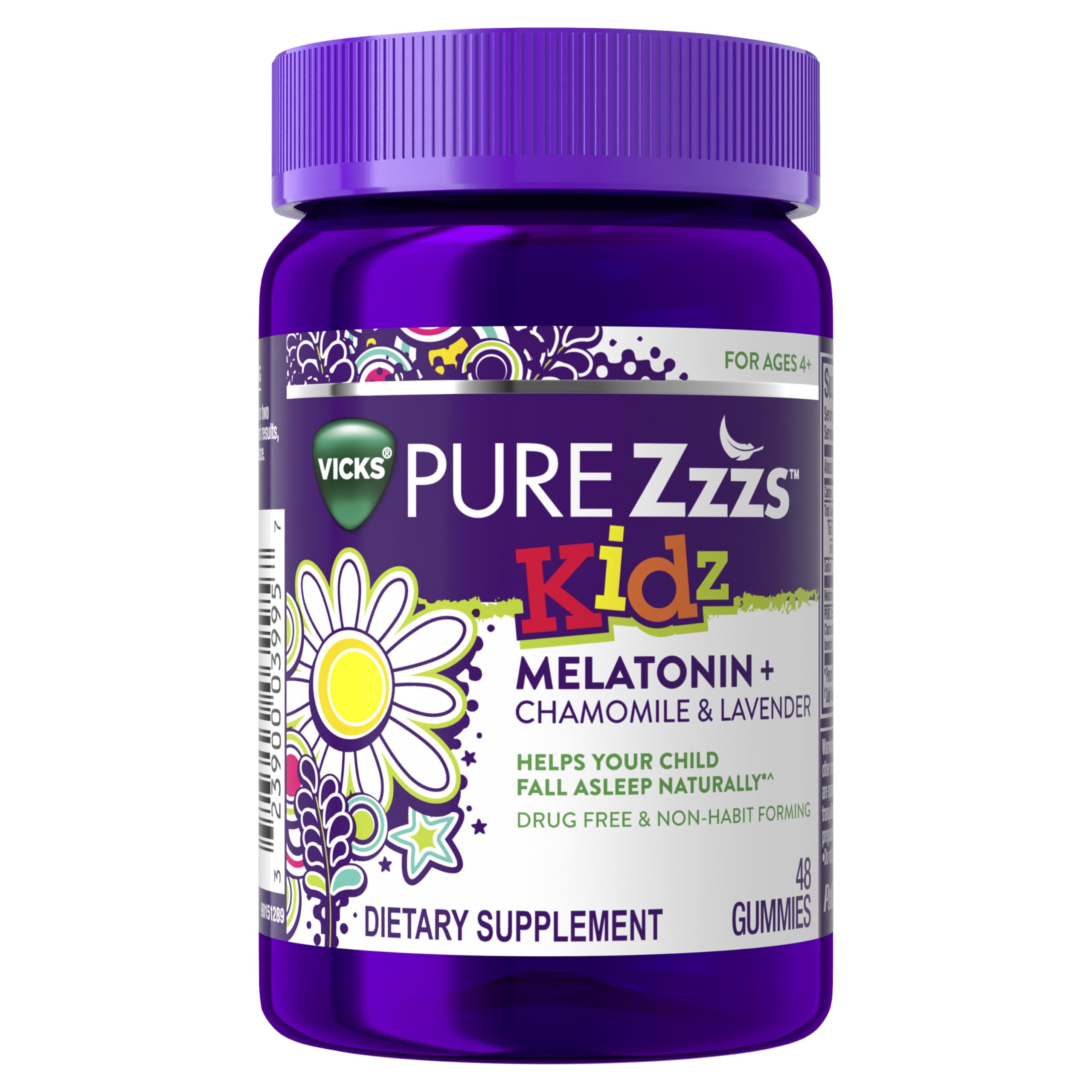 Vicks PURE Zzzs Kidz vista frontal mostrando el envase y beneficios