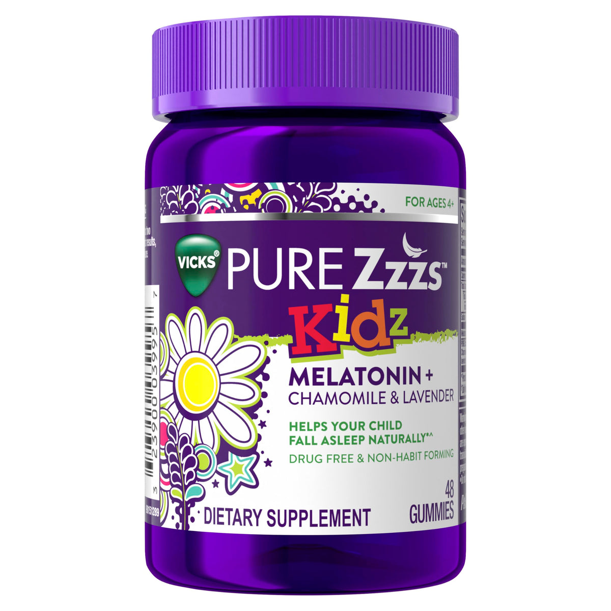 Vicks PURE Zzzs Kidz vista frontal mostrando el envase y beneficios