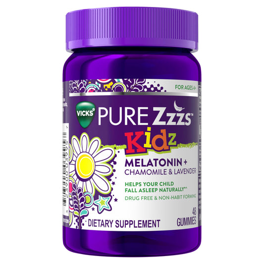 Vicks PURE Zzzs Kidz vista frontal mostrando el envase y beneficios