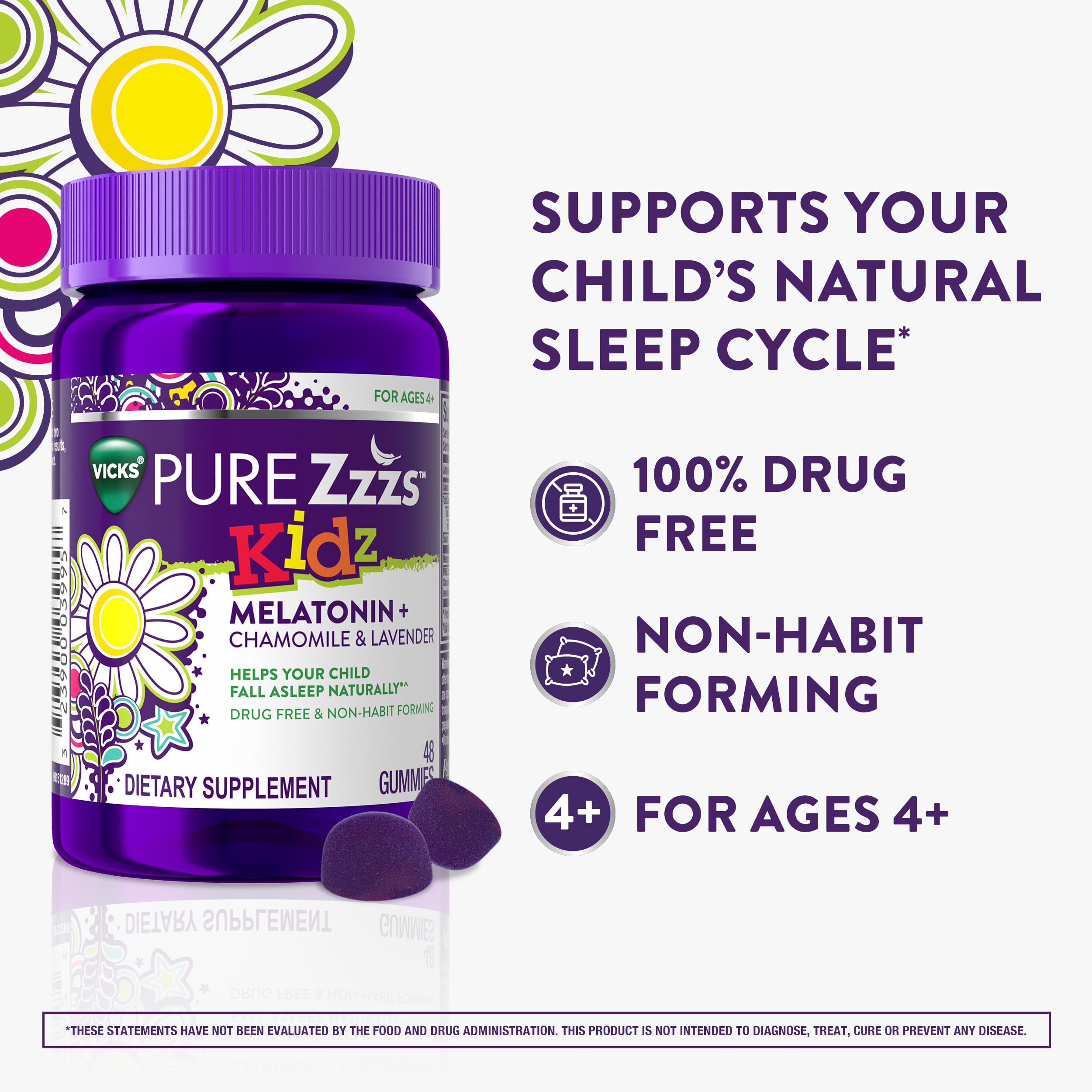 Vicks PURE Zzzs Kidz gominola en mano para mostrar tamaño real