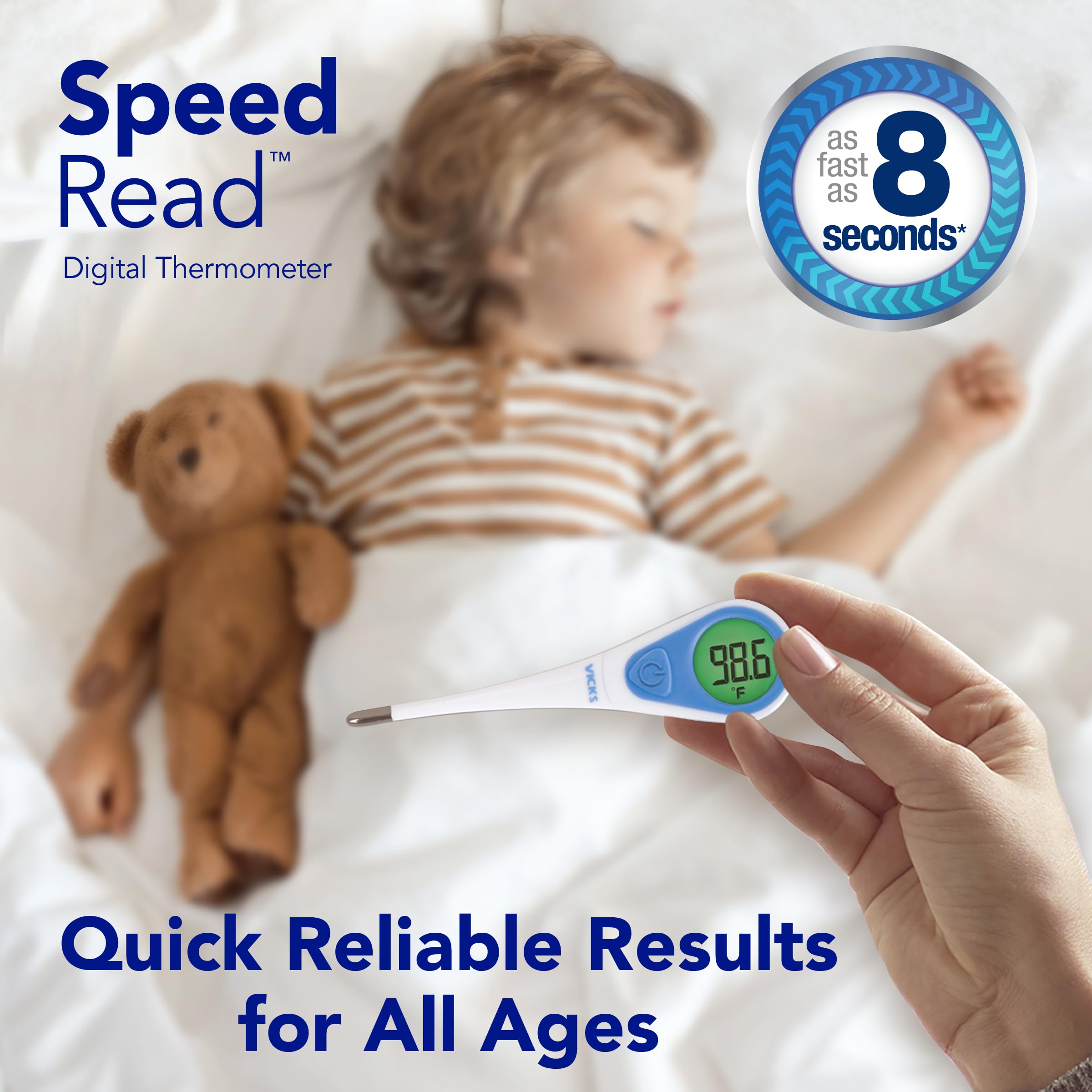 Vicks SpeedRead en mano de adulto demostrando uso cómodo inmediato