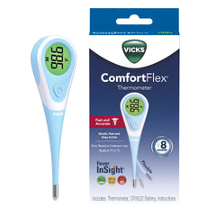 Vicks termómetro frontal mostrando pantalla clara y rápida