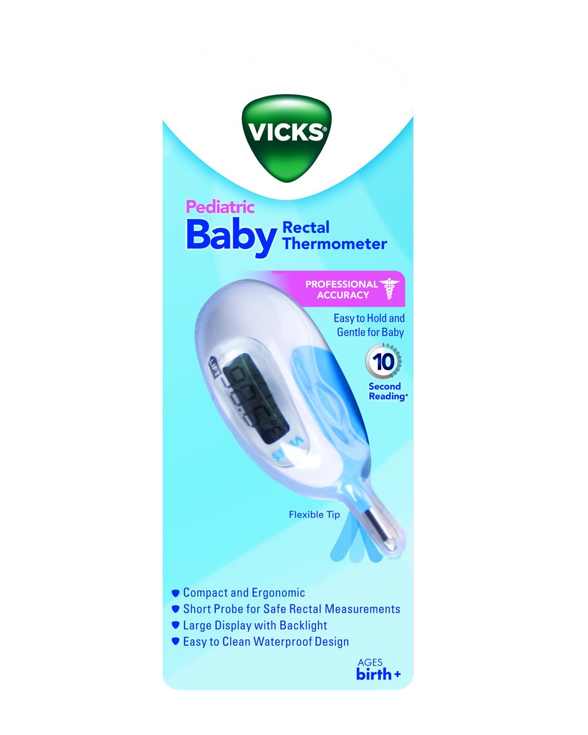 Vicks termómetro punta corta y flexible detalle comodidad y seguridad