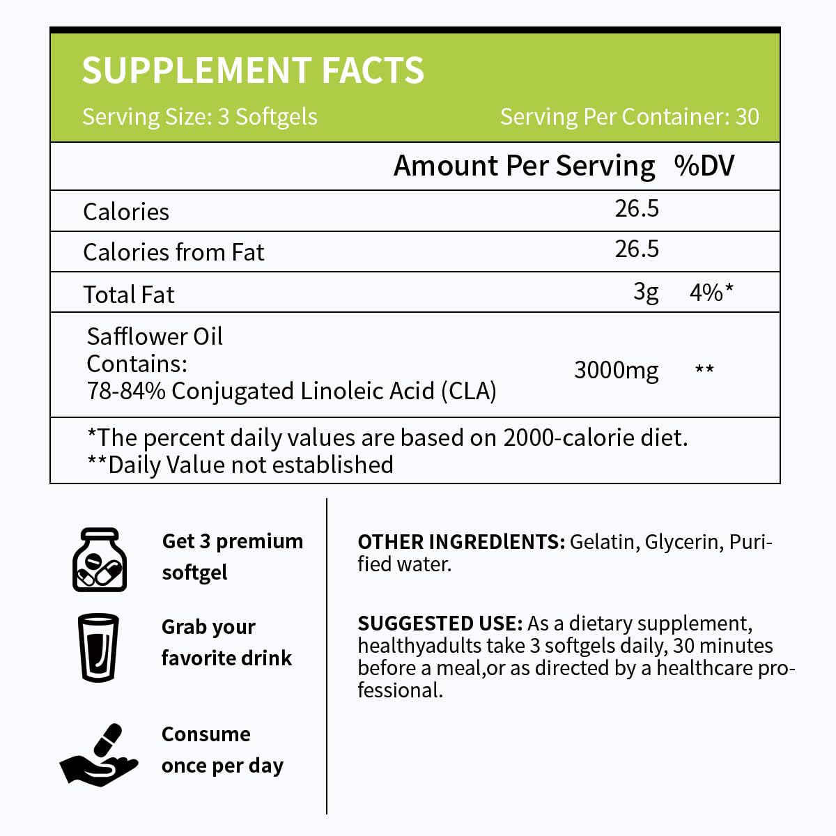 Vicwell CLA 3000mg, frente del empaque, resumen claro de beneficios