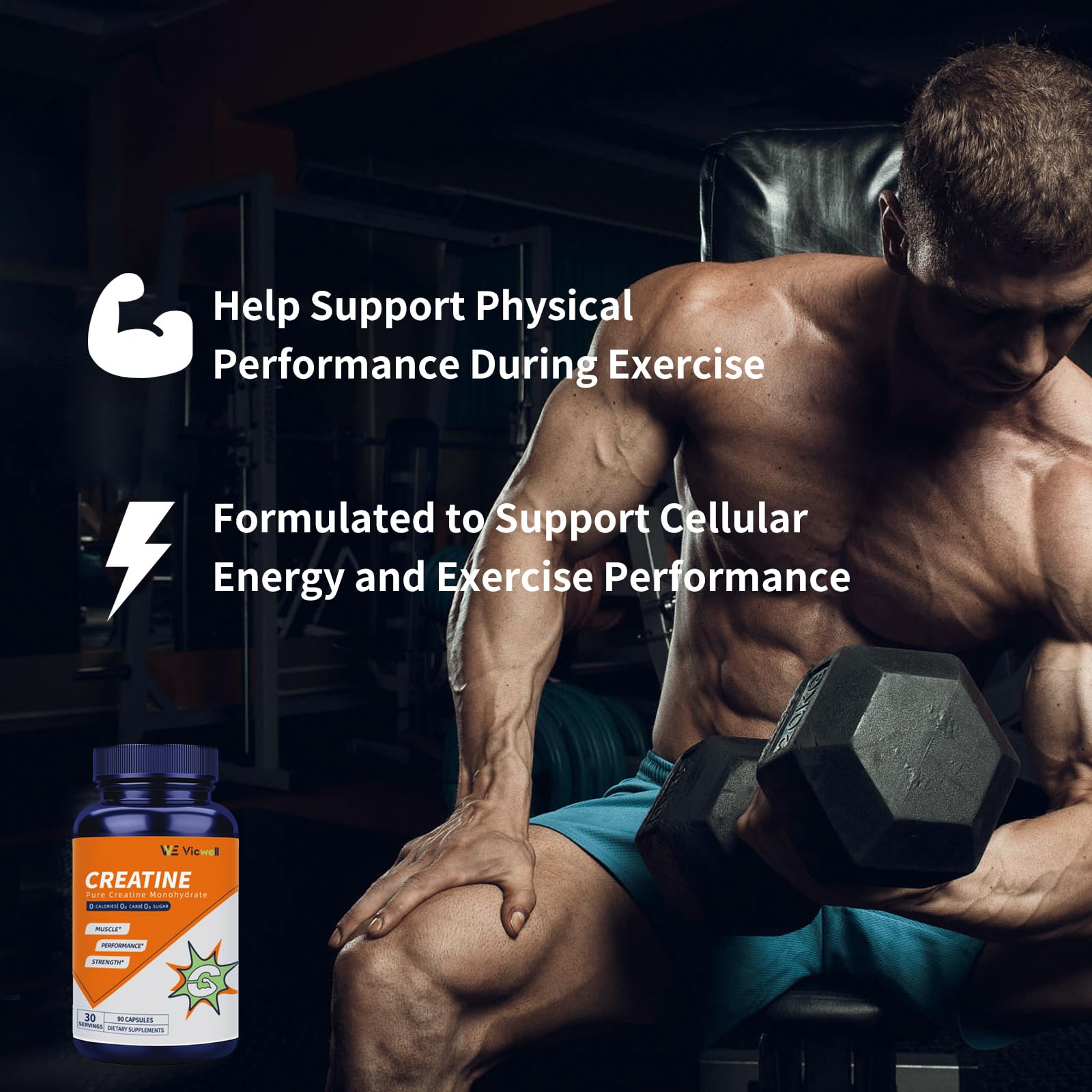 Vicwell Creatine Monohydrate capsules close up shows compact easy swallow design