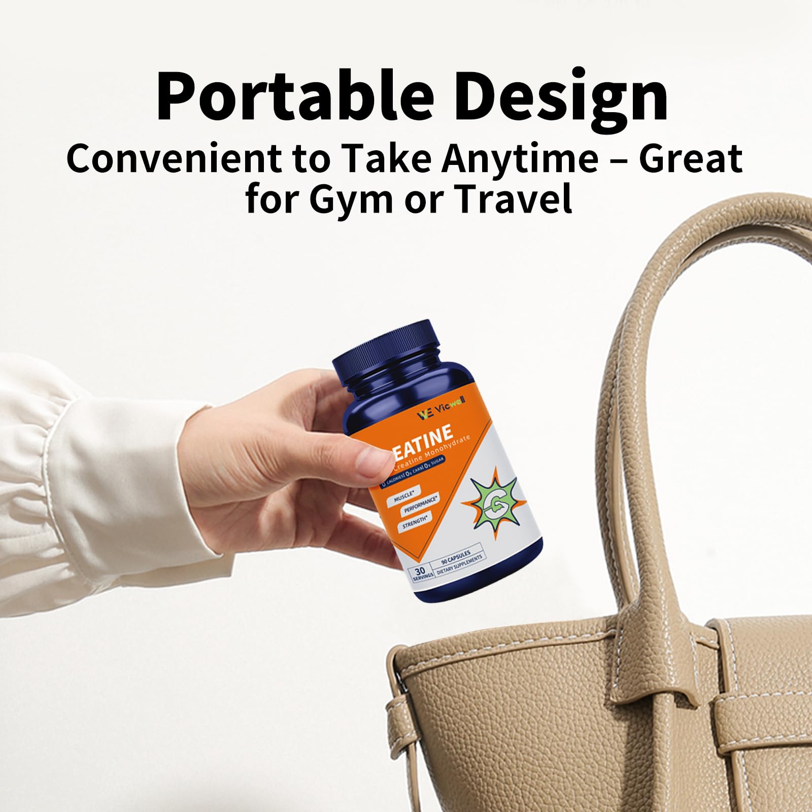 Vicwell Creatine Monohydrate packaging highlights non GMO and gluten free features