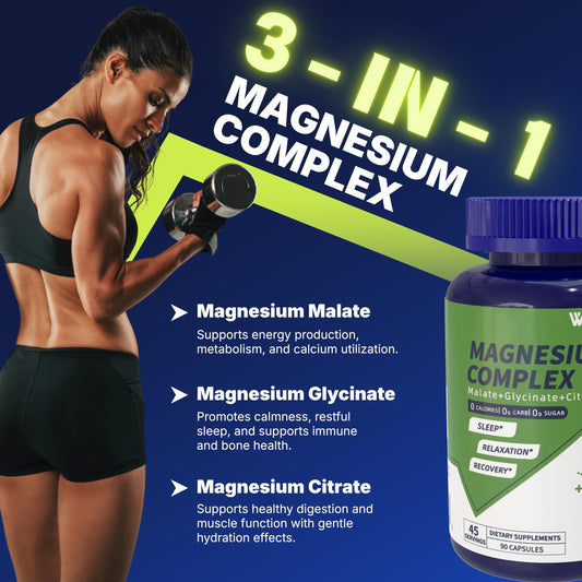 Vicwell complejo triple de magnesio, malato, glicinato y citrato, complemento suave para estómago.