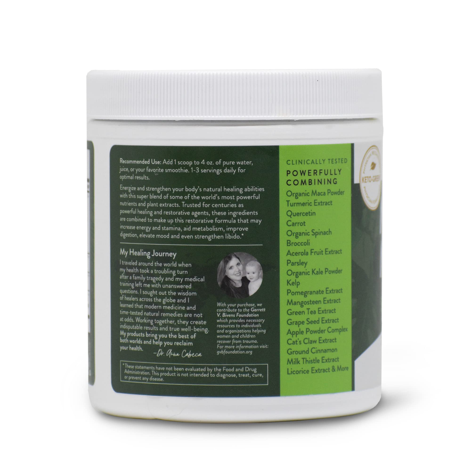 VIDAPURA close-up de spirulina en mezcla Mighty Maca Plus color y beneficios